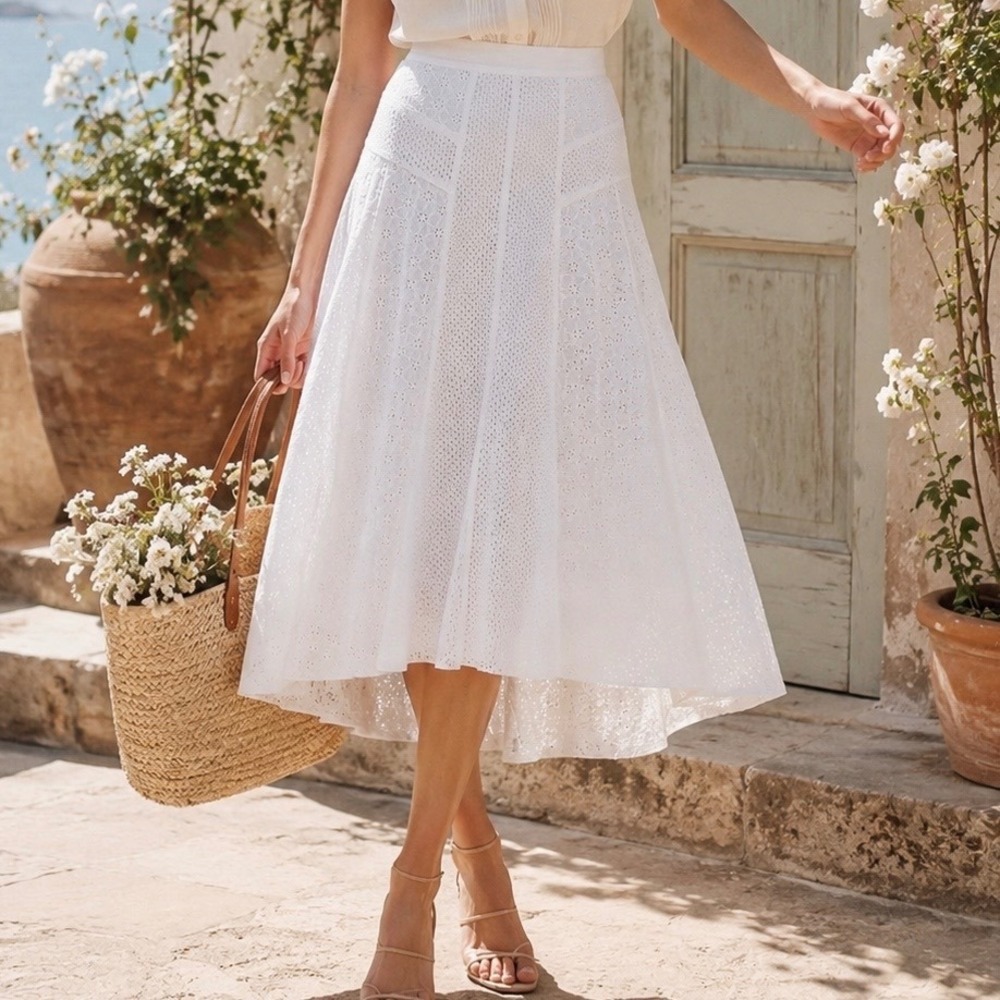 Rebecca Taylor White Eyelet Midi Skirt 10 Cottagecore Coastal Romantic Prairie